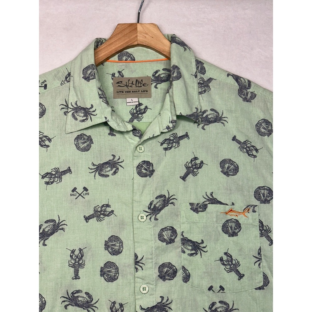 Salt Life Mens Nautical Crab Lobster‎ Print Shirt Green L Short Sleeve